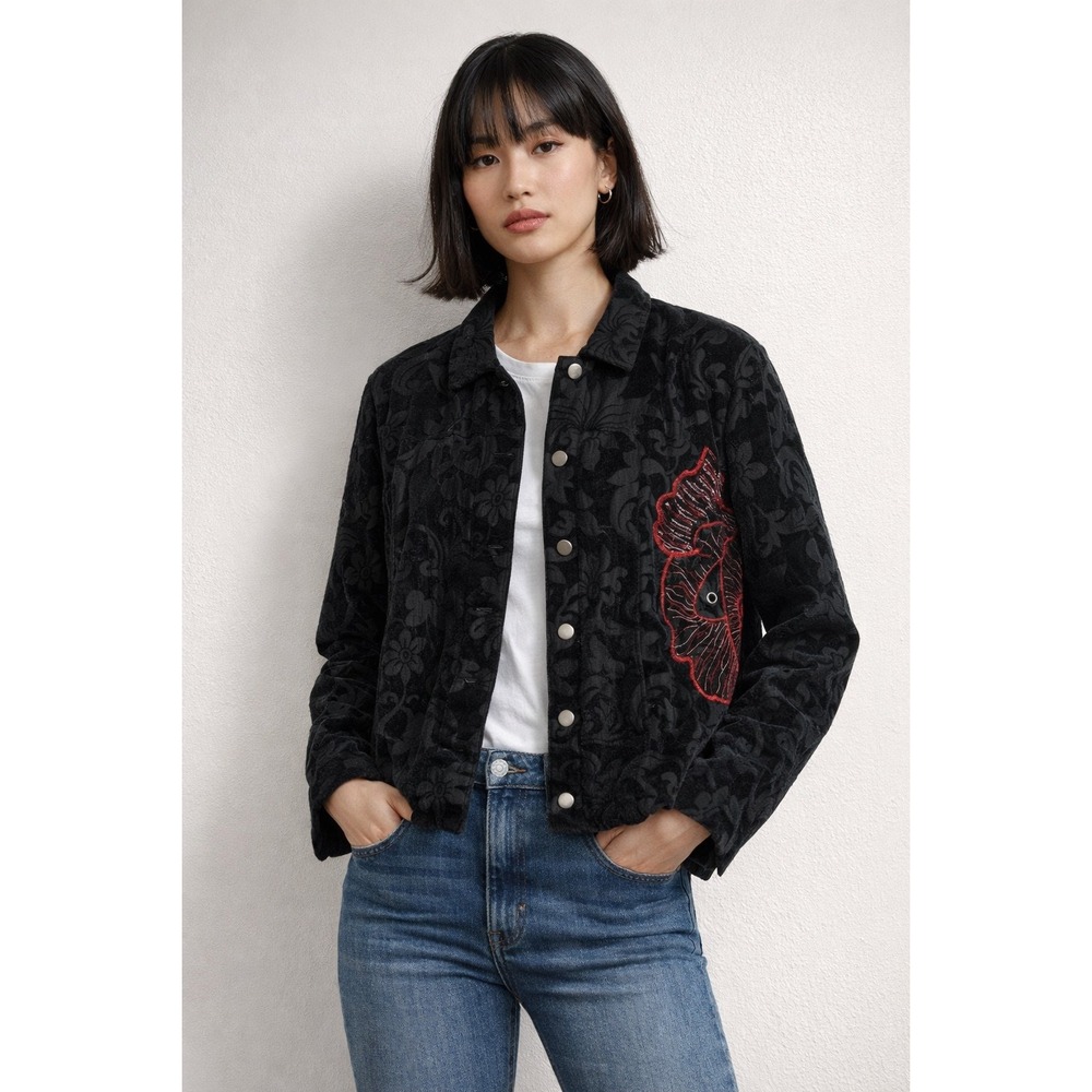 Multiples Black‎ Burnout Velvet Jacket Floral Embroidered Snap Front Cropped S